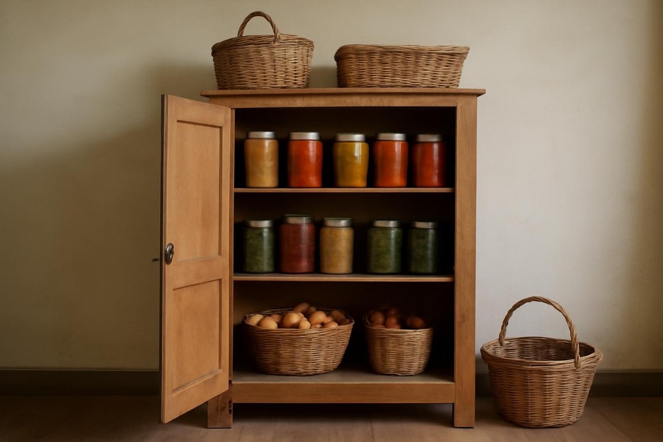 Vintage wooden larder with jars and baskets