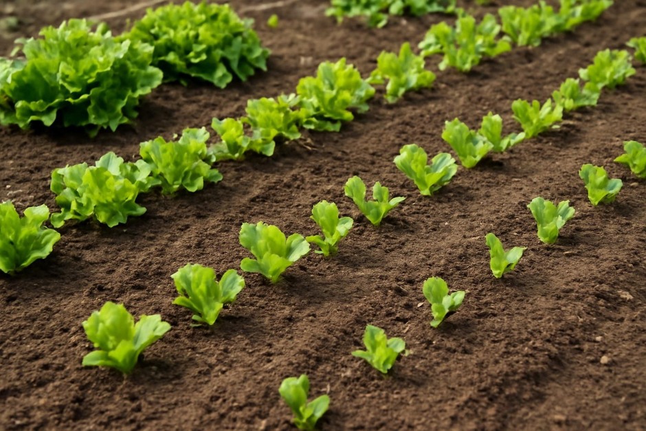 Rows of young lettuce at different stages of growth